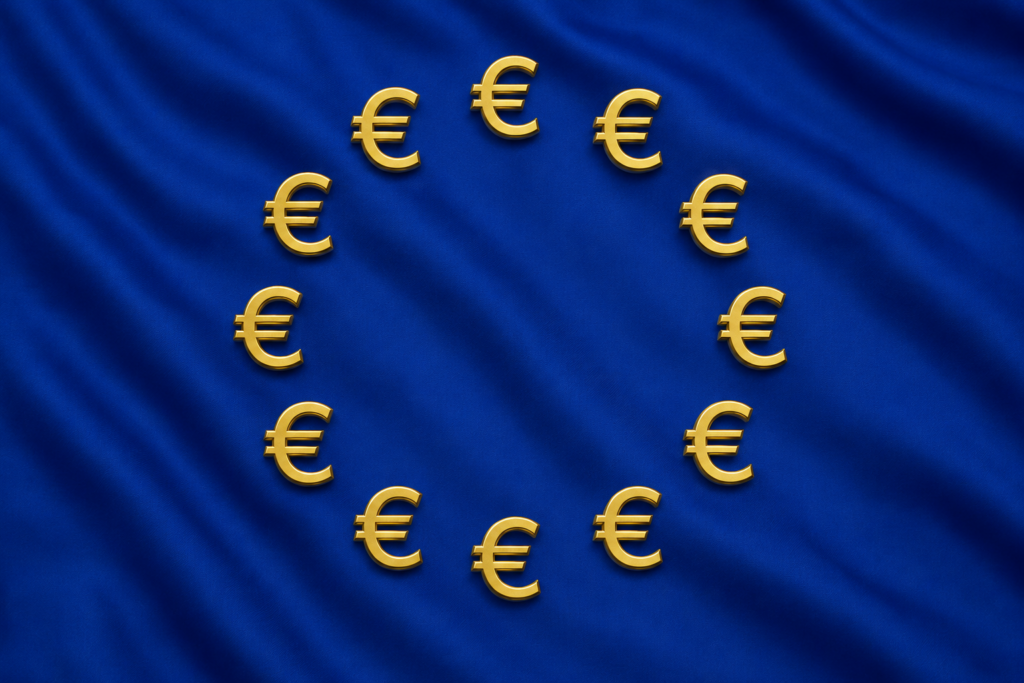 European flag but instead of stars it is euro signs to represent EU Pay Transparency Directive recruiters